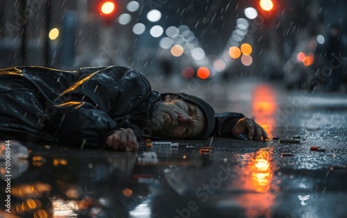 A drug addict lies with a syringe on the street in the rain. Overdose Awareness Day photo