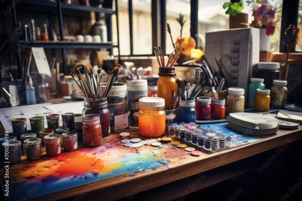 A creative workshop filled with art supplies, showcasing the habitual pursuit of artistic expression as a form of self-discovery. Concept of daily creativity. Generative Ai.
