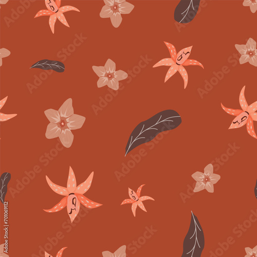 Vector seamless floral pattern with orchid flowers. Hand-drawn surface    pattern illustration decorative background