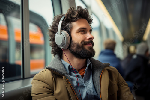 A person donning headphones and engaging in active listening to a podcast or audiobook, embodying the habit of continuous learning during daily commutes.  Generative Ai. © Sebastian