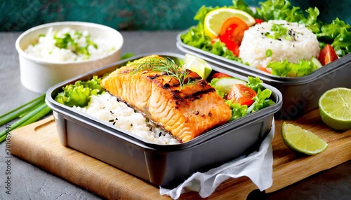 Lunchbox mit Lachs, Salat, Gemüse und Reis 