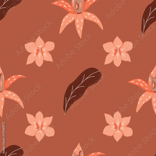 Vector seamless floral pattern with orchid flowers. Hand-drawn surface    pattern illustration decorative background