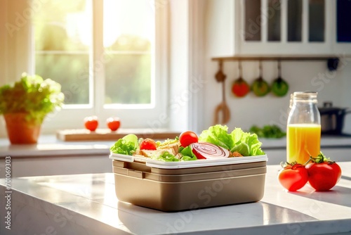 Lunchbox mit Salat und Gemüse in Küche  photo