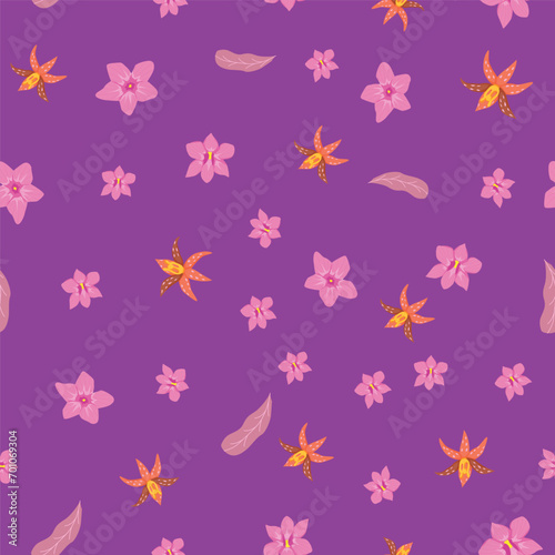 Vector seamless floral pattern with orchid flowers. Hand-drawn surface pattern illustration decorative background