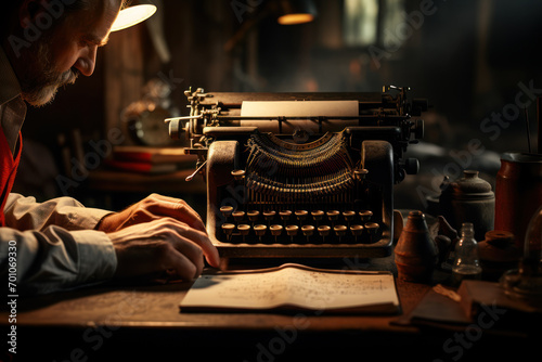 A dedicated writer at a typewriter, capturing the essence of the daily writing habit as a means of creative expression. Concept of daily literary creation. Generative Ai.
