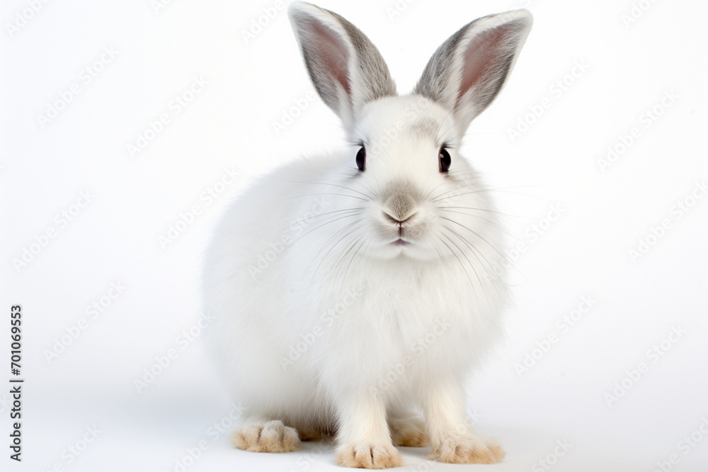 Fototapeta premium Snowshoe Hare sitting on a white background. Animal front portrait.