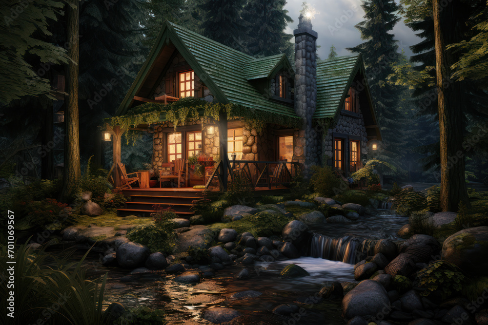 A cozy cabin nestled in the woods, surrounded by tall trees and chirping birds, offering a secluded retreat for peaceful relaxation. Concept of forest escape. Generative Ai.