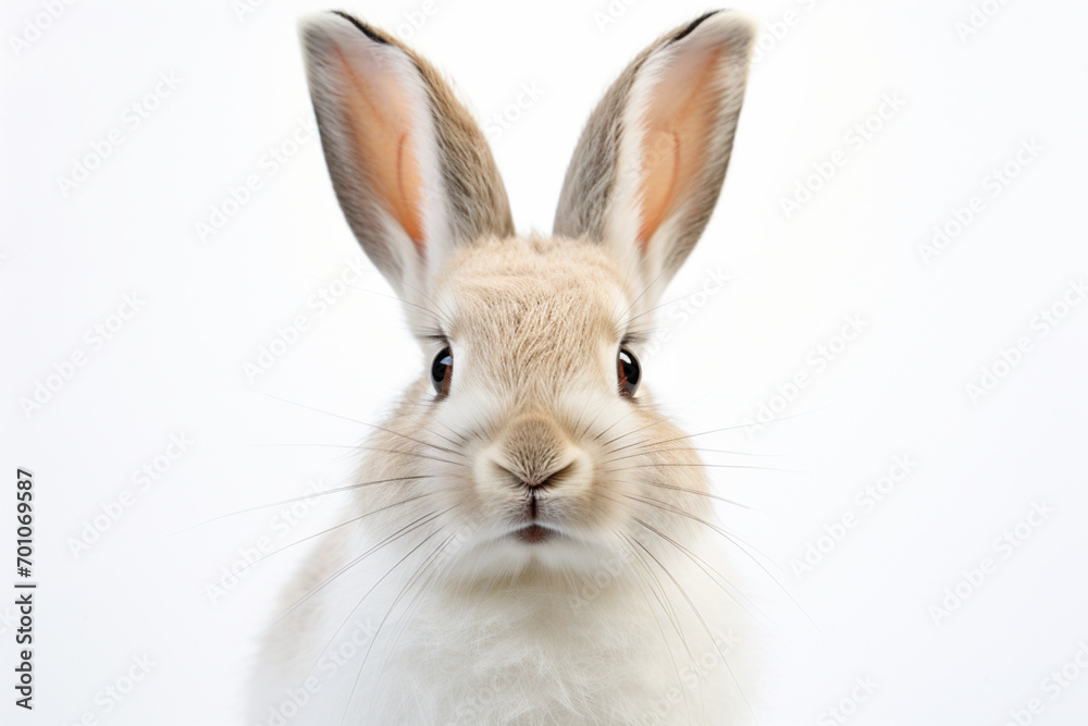 Fototapeta premium Snowshoe Hare close-up portrait on a white background.