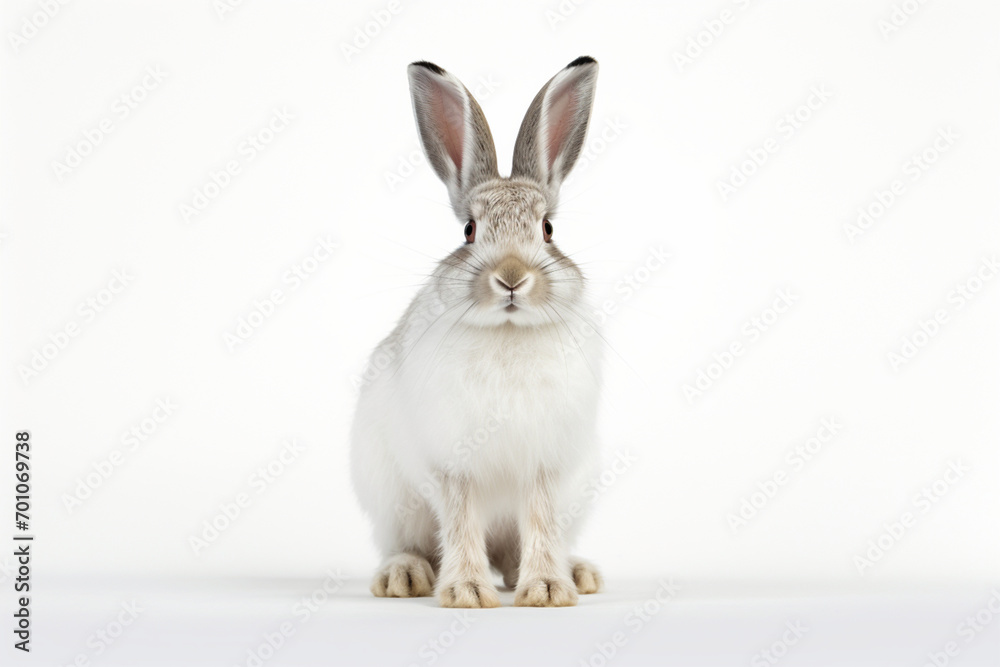 Obraz premium Snowshoe Hare sitting up on a white background. Animal front portrait.