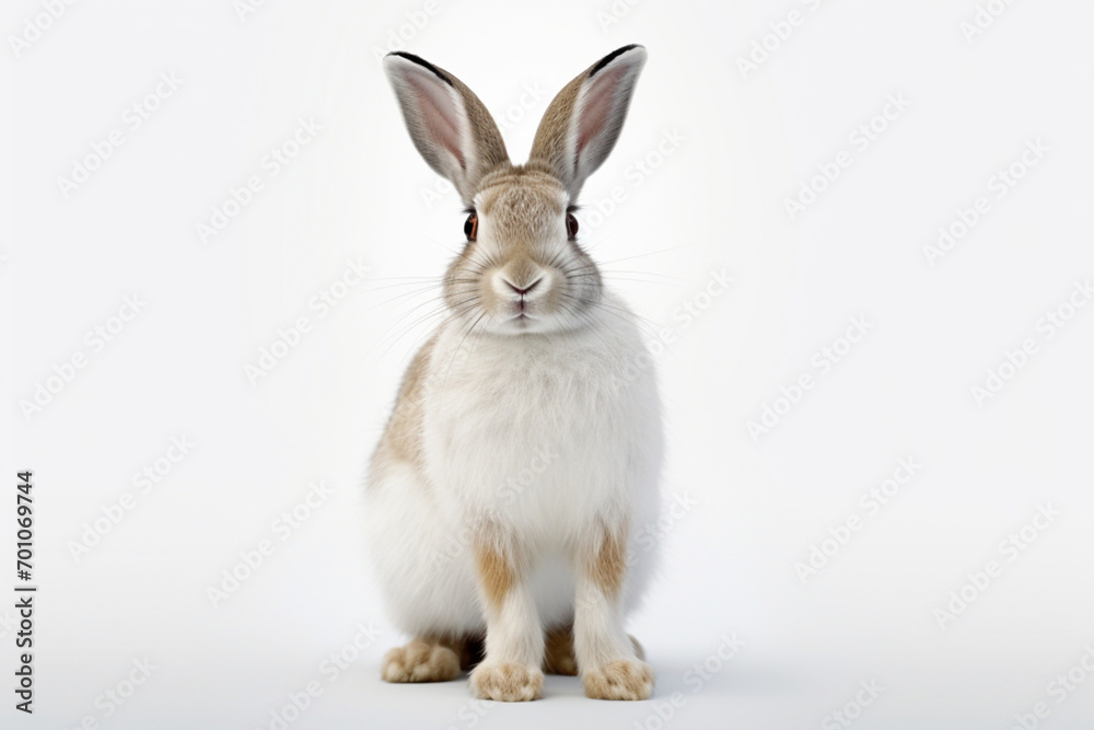Snowshoe Hare sitting up on a white background. Animal front portrait.