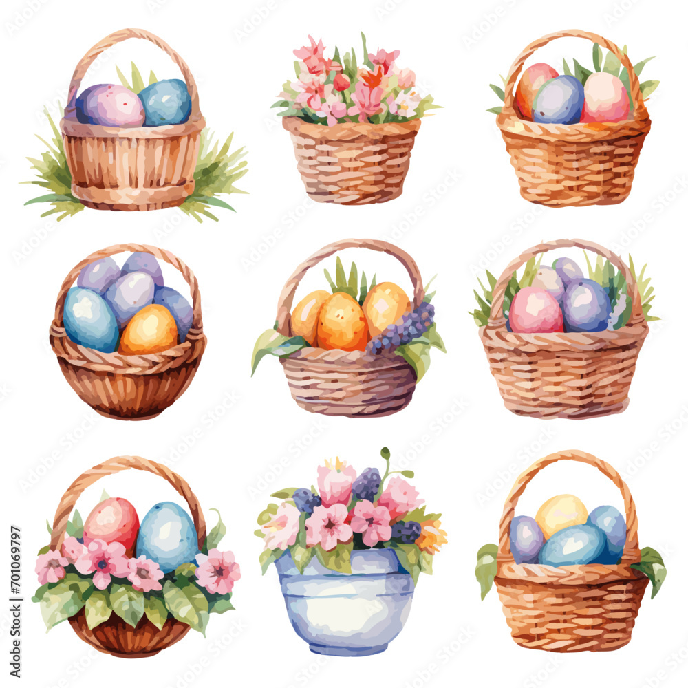 easter eggs in basket watercolor vectors