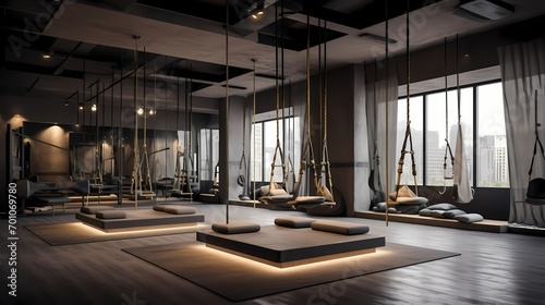 Modern yoga studio with spoty design elements, high-tech lighting, and a suspended yoga hammock area