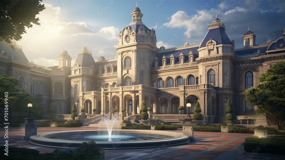 A stunning view of a palace exterior, the sunlight casting shadows that accentuate its architectural nuances, creating a visual symphony of elegance and splendor.