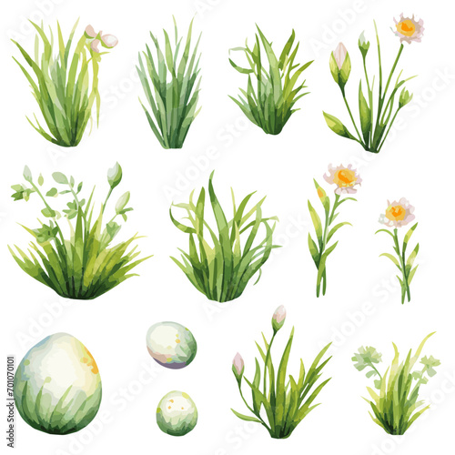set of green grass and flowers and easter eggs