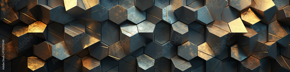 Hexagonal metal panels arranged in an abstract formation, gently illuminated to reveal the intricate textures and reflective surfaces in a harmonious play of light. - obrazy, fototapety, plakaty 