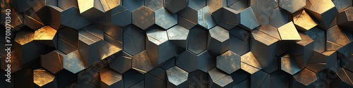 Hexagonal metal panels arranged in an abstract formation, gently illuminated to reveal the intricate textures and reflective surfaces in a harmonious play of light.