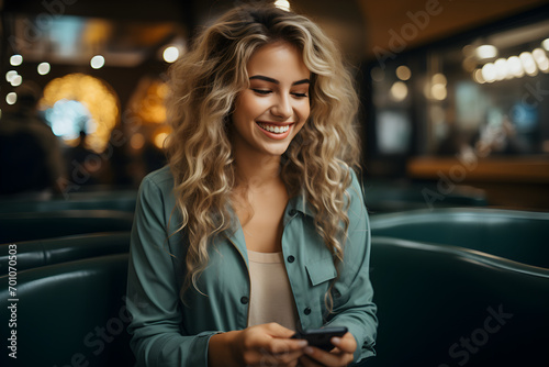 Customer experiences and review concept. Happy woman client using smartphone to review five star rating for online satisfaction surveys. Positive feedback on mobile phone, online business photo