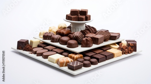 A tempting arrangement of gourmet chocolates on a minimalist white backdrop, each piece a masterpiece of flavor and elegance.