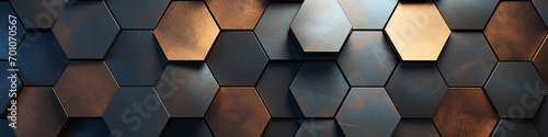 Hexagonal metal surfaces arranged in an abstract pattern, softly lit to accentuate the intricate textures and patterns, resulting in a visually captivating backdrop. photo