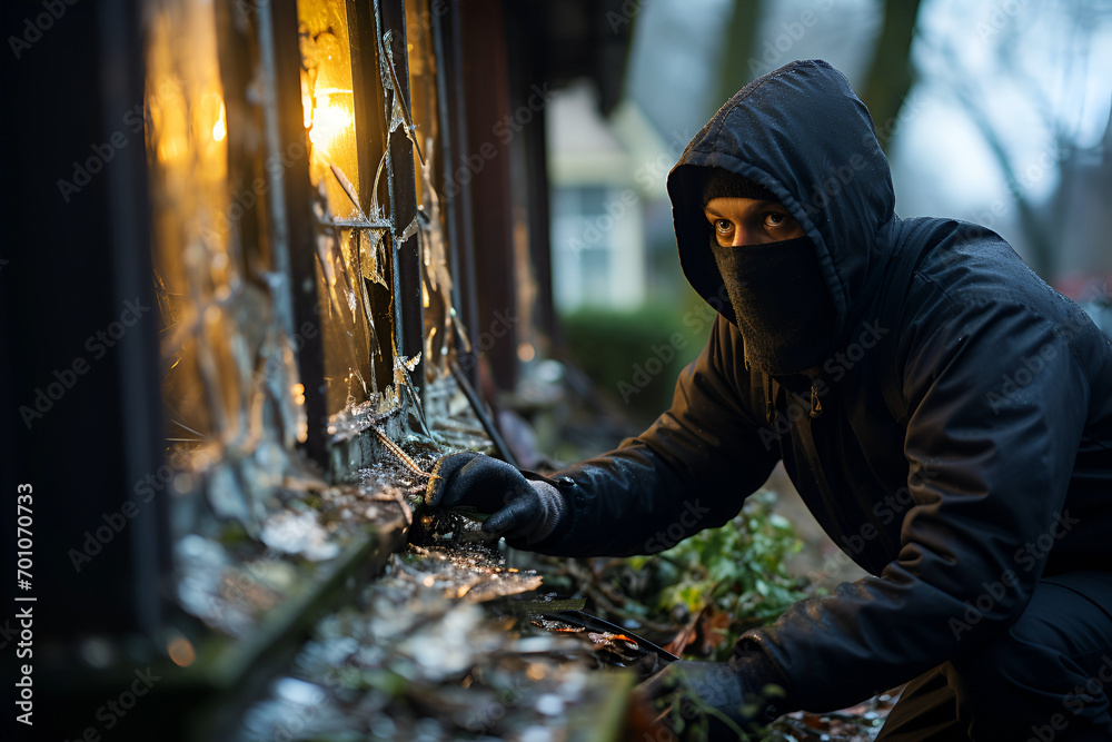 Burglar outside a house dressed in a black hoodie and facemask in front of a broken window, glass shattered around hole Burglar outside a house dressed in a black hoodie and facemask in front of a broken window, glass shattered around hole