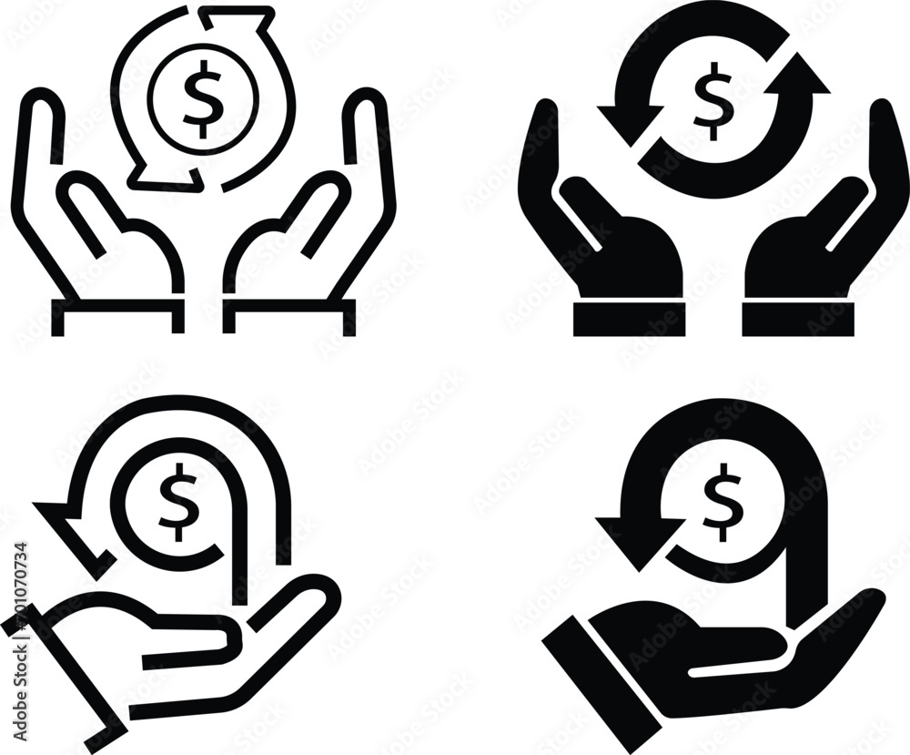 Cashback icons set. Money refund symbol. The hand that receives the money return and return on investment, isolated on transparent background, used for mobile, app, web design, logo or Ui Cashback icons set. Money refund symbol. The hand that receives the money return and return on investment, isolated on transparent background, used for mobile, app, web design, logo or Ui