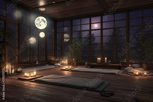Moonlit yoga studio featuring soft moonlight, celestial decor, and a serene nighttime ambiance for relaxation