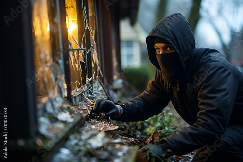 Burglar outside a house dressed in a black hoodie and facemask in front of a broken window, glass shattered around hole photo