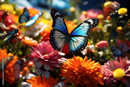 A spring butterfly garden, alive with the delicate fluttering of colorful wings as flowers bloom in abundance. Concept of butterfly haven. Generative Ai.