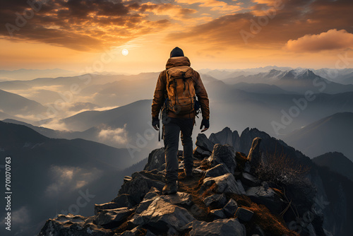 Business, Success, Leadership and Achievement Concept. Man Hiking on Top of a Rocky Mountain Peak with Sky and Clouds photo
