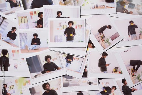 spread of Polaroid photos portraying a day in the life of a young, active professional, depicting a mix of focused work, communication, and relaxation within a vibrant and modern living space. photo