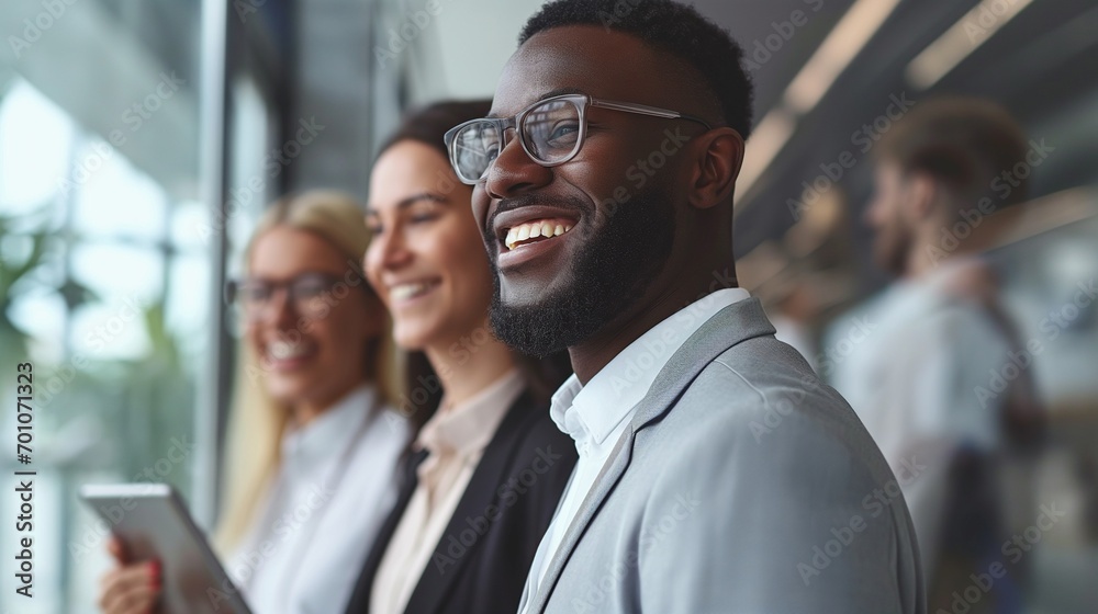 Close up successful standing smiling young business diverse business man and woman looking to the office window Close up successful standing smiling young business diverse business man and woman looking to the office window
