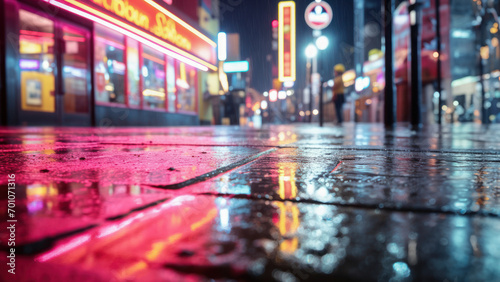 Rainy city street at night, colorful reflections on wet pavement, giving a sense of urban vibrancy and life.
