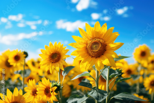 A summer road trip through fields of sunflowers  their golden faces turned toward the sun  creating a sea of vibrant yellow. Concept of sunflower fields. Generative Ai.