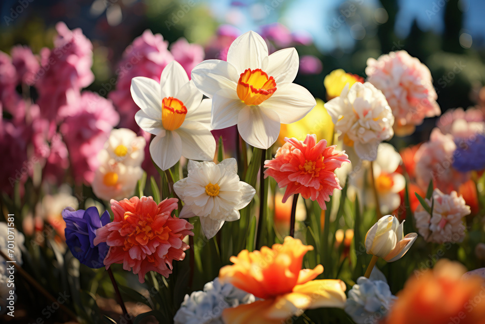 A spring garden in full bloom, with a riot of colors from blooming flowers, attracting bees and butterflies in a lively dance. Concept of garden vitality. Generative Ai. A spring garden in full bloom, with a riot of colors from blooming flowers, attracting bees and butterflies in a lively dance. Concept of garden vitality. Generative Ai.