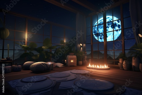 Moonlit yoga studio featuring soft moonlight, celestial decor, and a serene nighttime ambiance for relaxation © CREATER CENTER