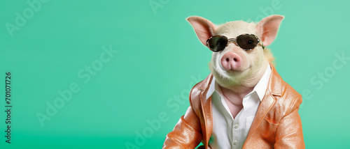 A pig dressed in a dapper suit exudes charm and charisma against a green backdrop, blending the animal kingdom with human sartorial elegance in a humorous fashion statement