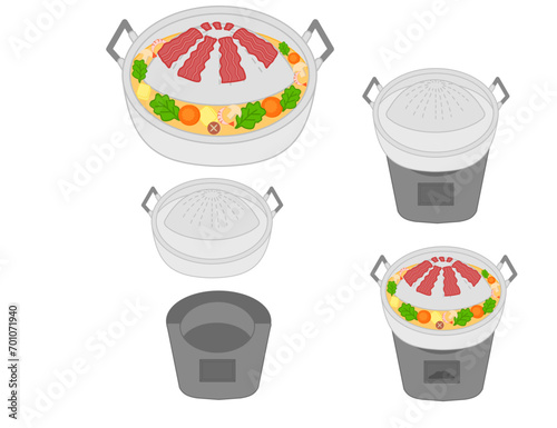 Moo Kra Ta.Barbecue grill pan.Thai BBQ grill pork.Food for menu or restaurant.Hot pot street buffet.Sign, symbol, icon or logo isolated.Flat design.Graphic.Hand drawn.Cartoon vector illustration.