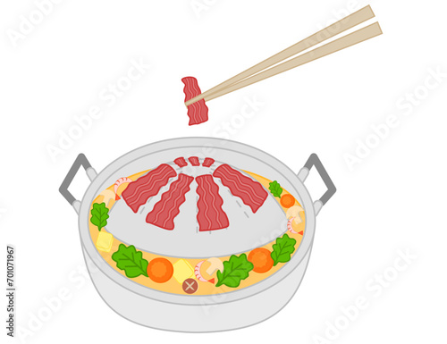 Thai BBQ grill pork and chopsticks.Moo Kra Ta.Food for menu or restaurant.Hot pot street buffet.Sign, symbol, icon or logo isolated.Flat design.Graphic.Hand drawn.Cartoon vector illustration.