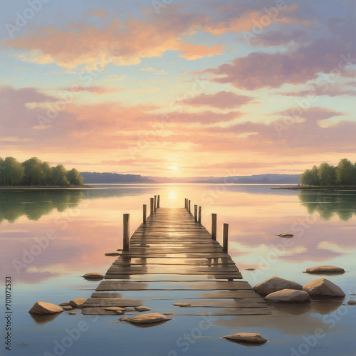 painting of a dock at dusk featuring boats on the water generative ai