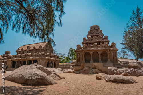 Exclusive Monolithic - Five Rathas or Panch Rathas are UNESCO World Heritage Site located at Great South Indian architecture. World Heritage in South India, Tamil Nadu, Mamallapuram or Mahabalipuram.