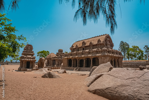 Exclusive Monolithic - Five Rathas or Panch Rathas are UNESCO World Heritage Site located at Great South Indian architecture. World Heritage in South India, Tamil Nadu, Mamallapuram or Mahabalipuram.