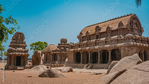 Exclusive Monolithic - Five Rathas or Panch Rathas are UNESCO World Heritage Site located at Great South Indian architecture. World Heritage in South India, Tamil Nadu, Mamallapuram or Mahabalipuram.
