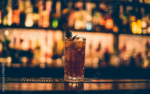 illustration of a cocktail drink in a bar pub at night, dim warm light, selective focus bokeh photo