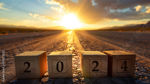 Number 2024 written on wooden blocks on desert road with stunning sunrise photo