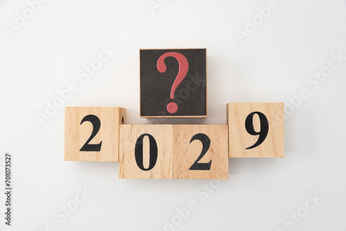 Number 2029 and question mark written on wooden blocks isolated on white background