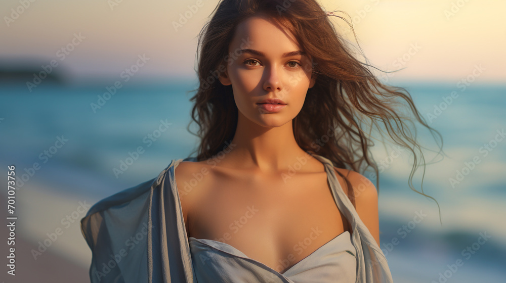 portrait of a beautiful young brunette girl with her hair blowing beautifully in the breeze in a pale blue summer dress on the sandy beach portrait of a beautiful young brunette girl with her hair blowing beautifully in the breeze in a pale blue summer dress on the sandy beach