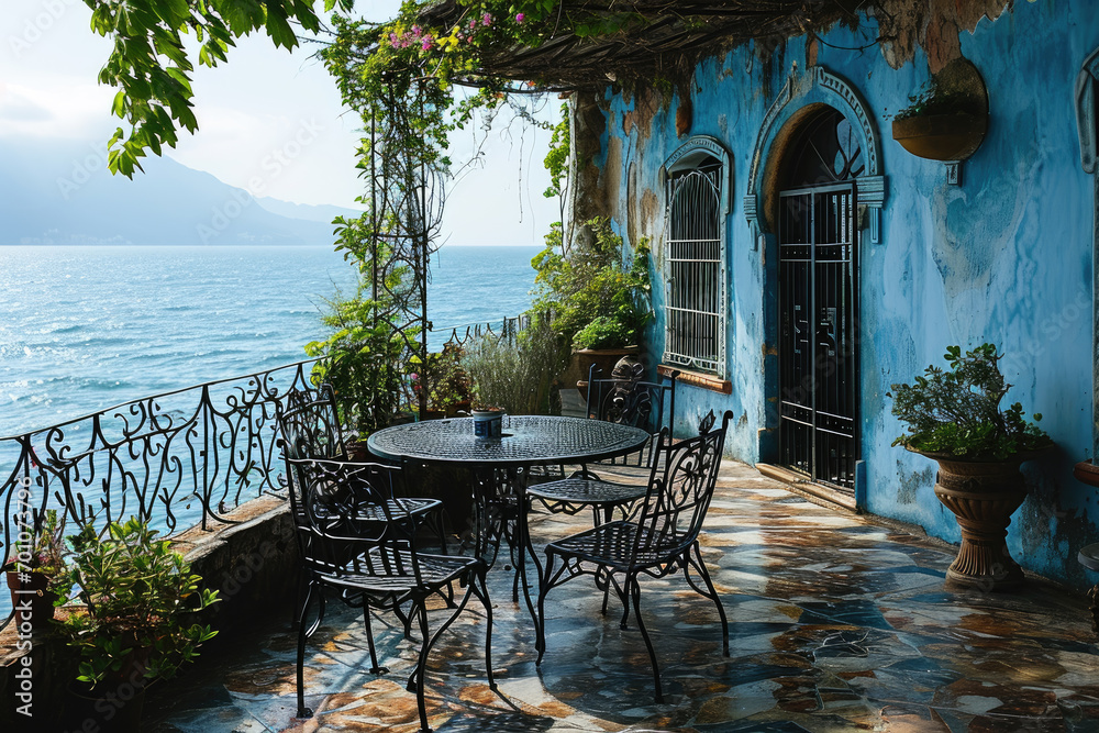 Tisch mit Stühlen am See