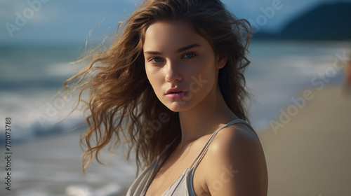 a portrait of a beautiful young brunette girl with hair blowing in the wind in a pale blue summer dress on a sandy beach, with a jealous look © MYKHAILO KUSHEI