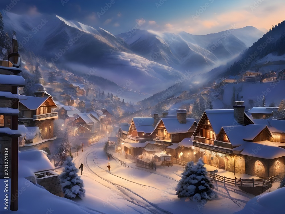 A charming village nestled in a valley, adorned with snow-covered