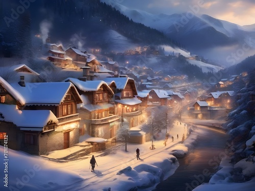 A charming village nestled in a valley, adorned with snow-covered